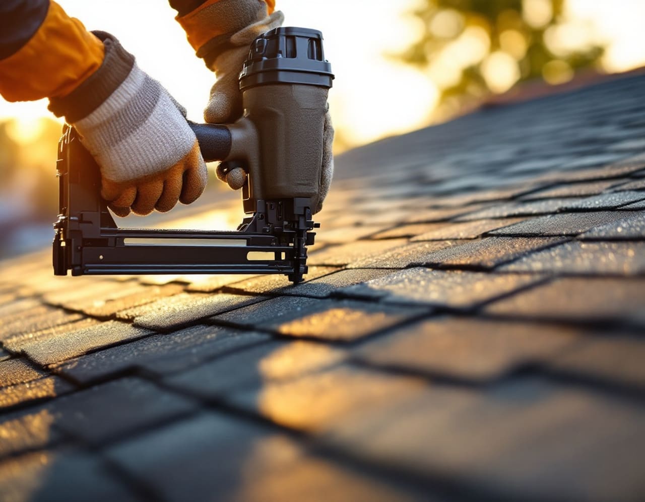 Roofer's hands nailing an architectural shingle at golden hour