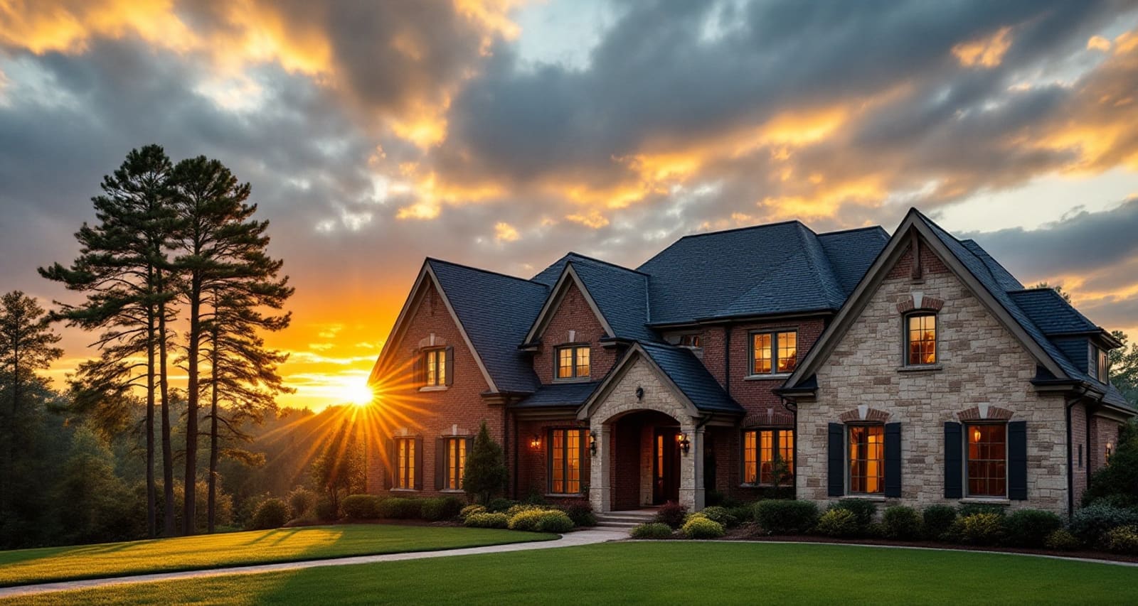 Architectural shingle roof on a Houston-area home under a golden-hour sky