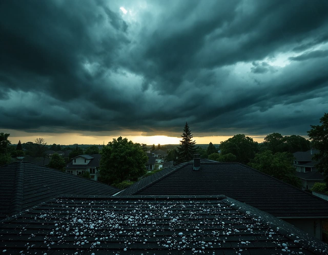 Storm clouds moving in over a Houston-area suburban roof